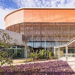 A building with a glass front.